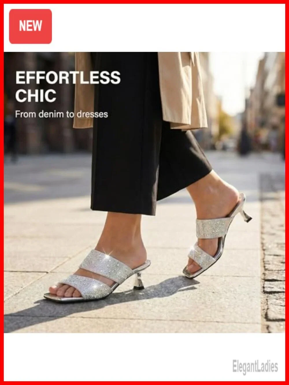 Rhinestone Kitten Heel Sandals Square Open Toe Double Strap Slides Party
